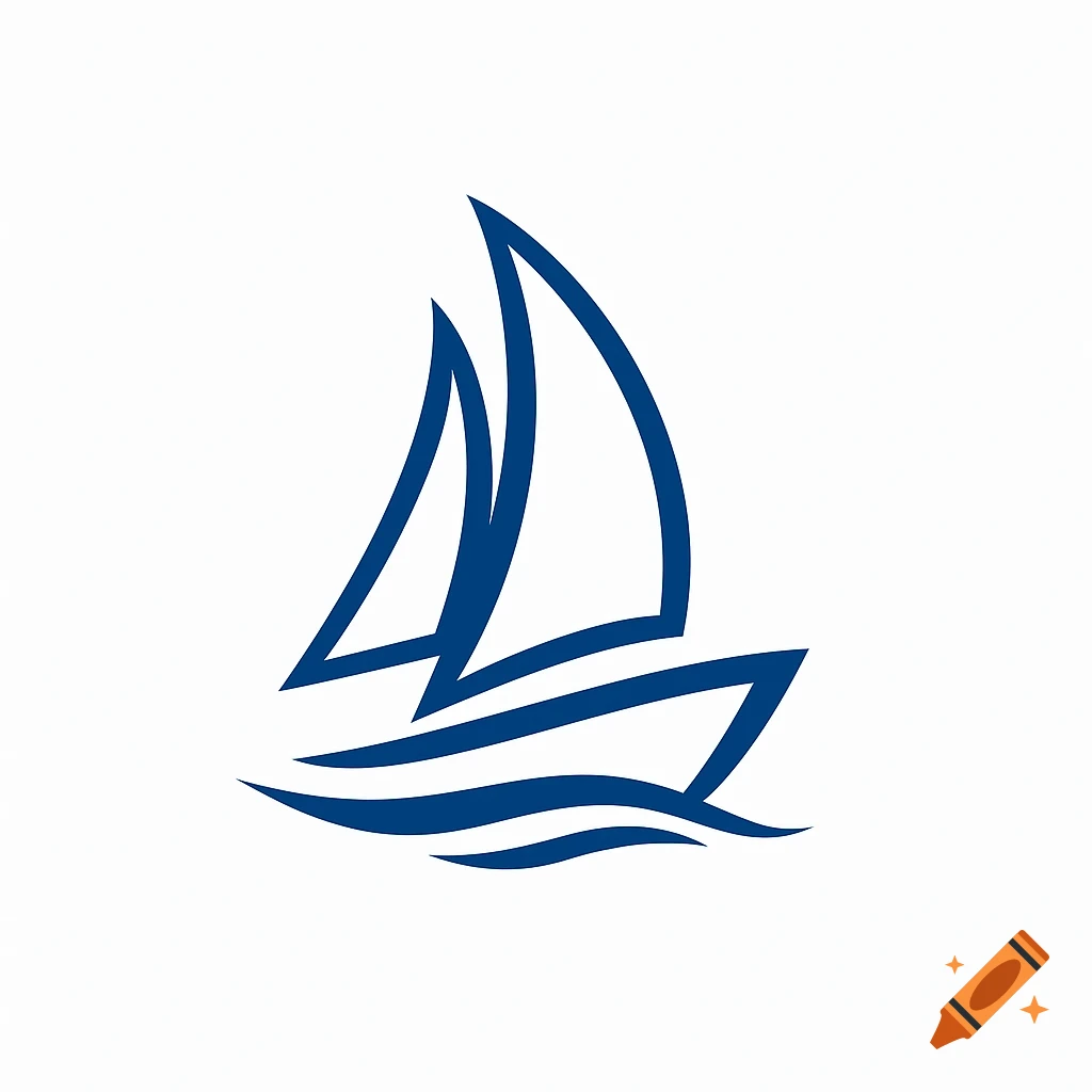 A simple, aesthetic blue logo of a two-sailed boat on stylized waves against a white background.