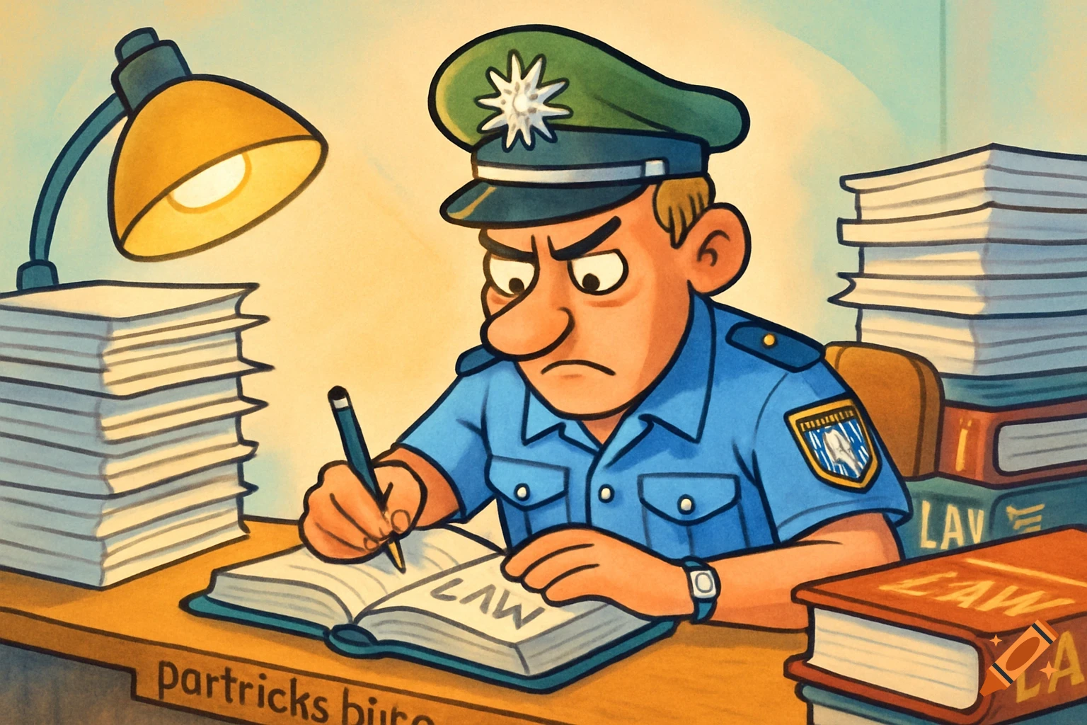 A cartoon police officer with blond hair, wearing a green hat and blue uniform, sits at a desk with piles of paper and law books, diligently writing in an open book. The text "partricks büro" is visible at the bottom.