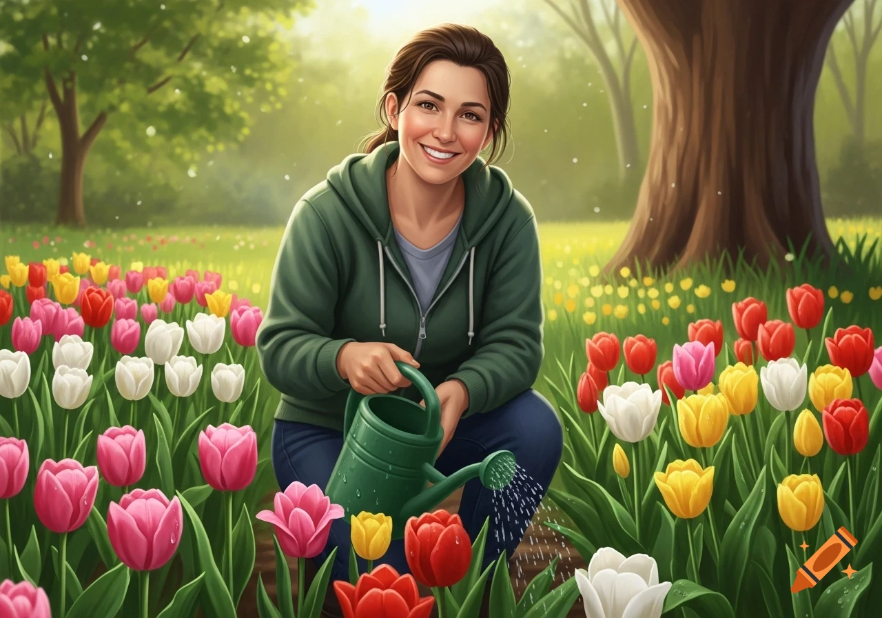 A smiling woman in a green hoodie crouches in a vibrant tulip garden, watering the colorful flowers.