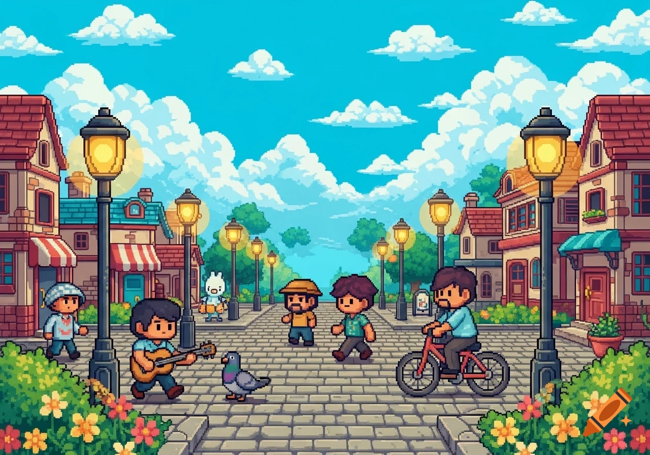 Pixel art town street scene with people walking, a man playing guitar for a pigeon, and another riding a bike.