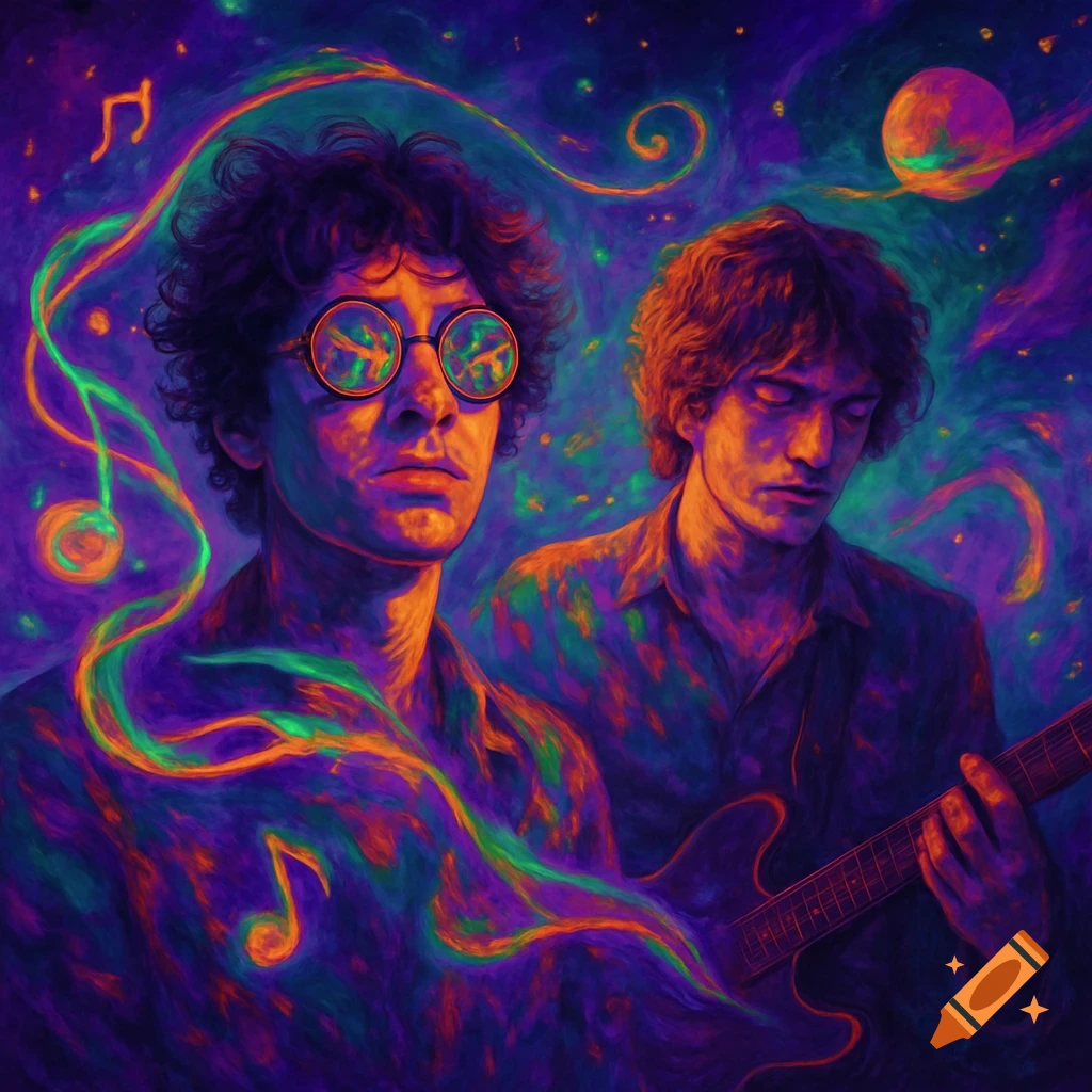 Psychedelic art of two musicians, one with glasses, surrounded by swirling neon colors and musical notes.