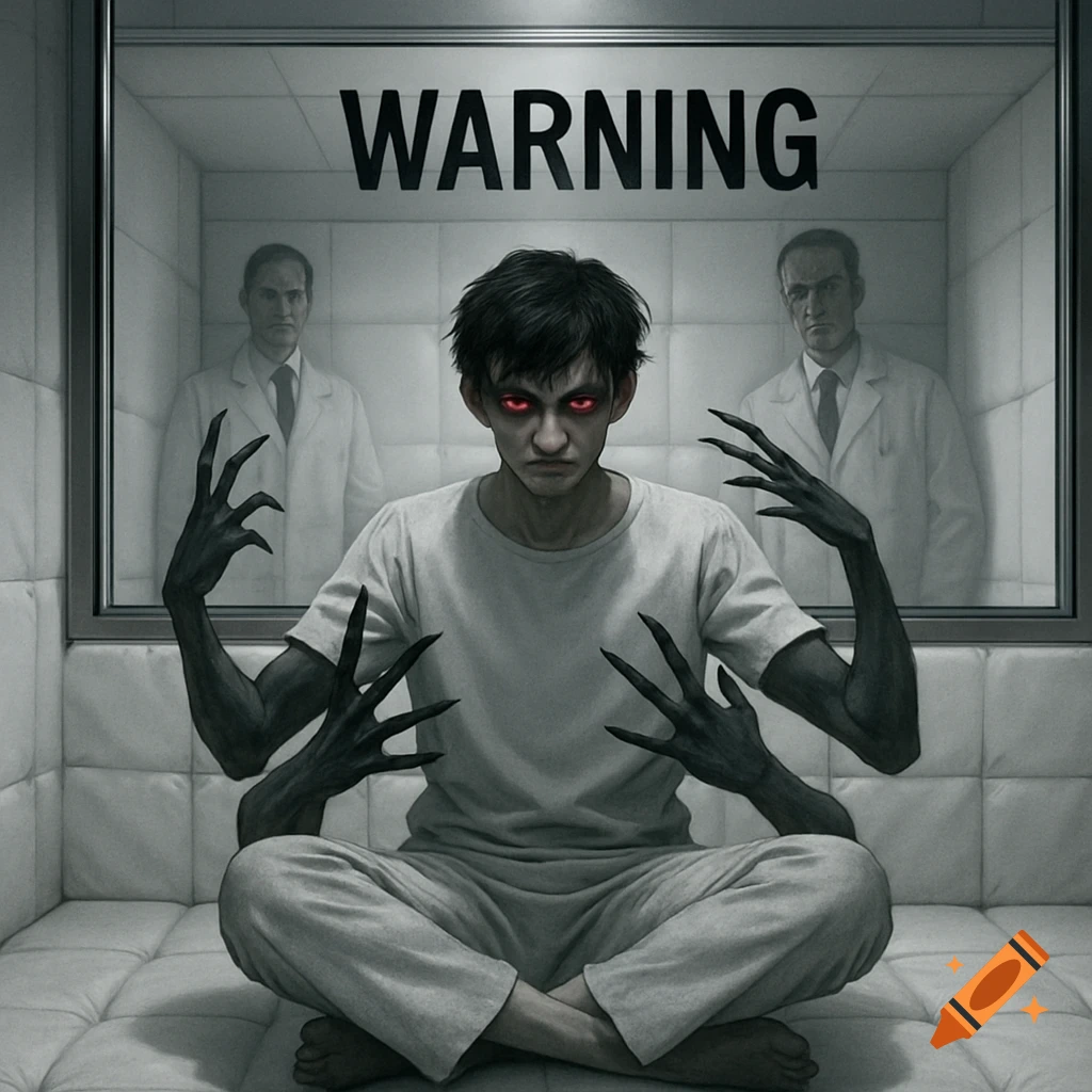 A young man with glowing red eyes and multiple dark, clawed arms sits cross-legged in a padded cell. A "WARNING" sign is visible on the window behind him, through which two doctors observe.