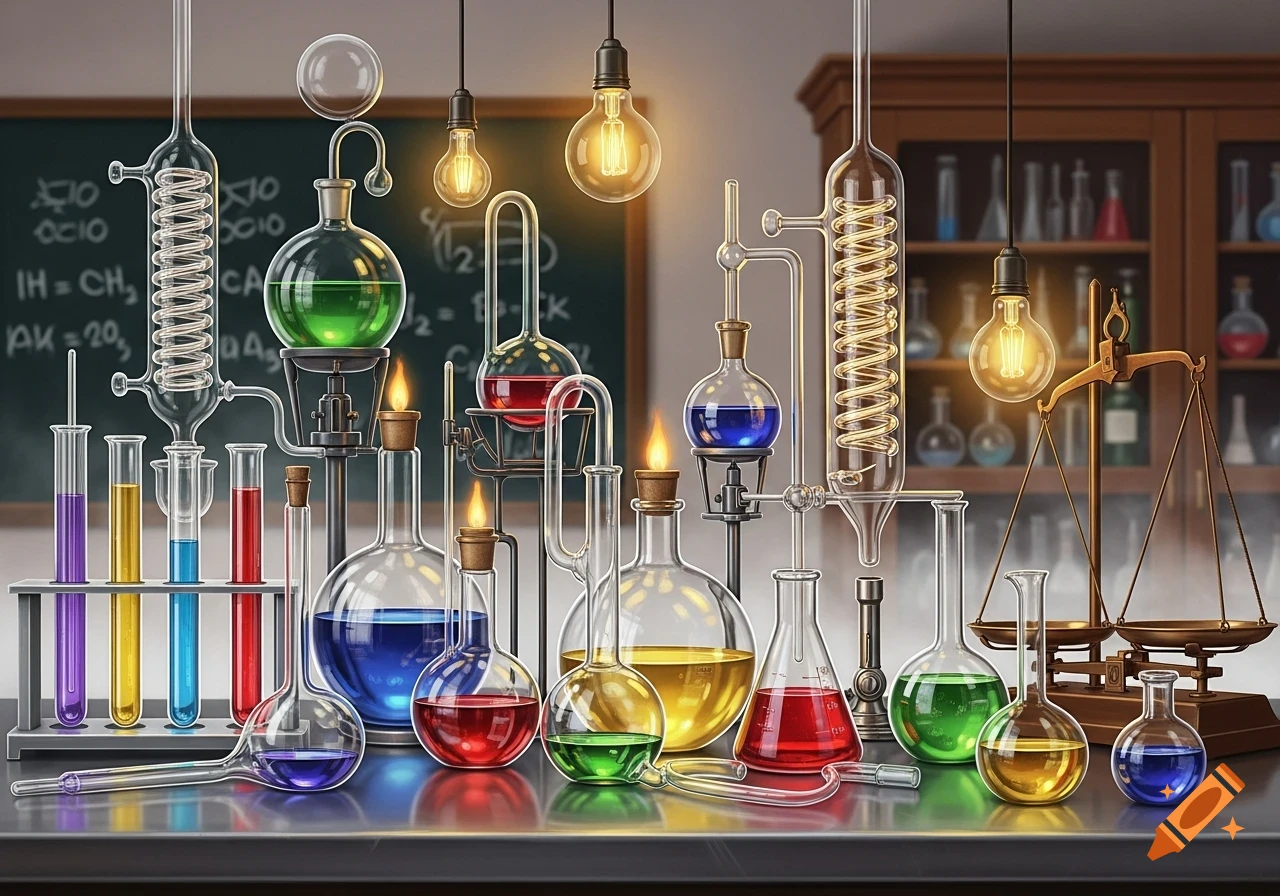 A vibrant arrangement of chemistry glassware and beakers with colorful liquids on a lab bench, lit by hanging lightbulbs, with a blackboard in the background.