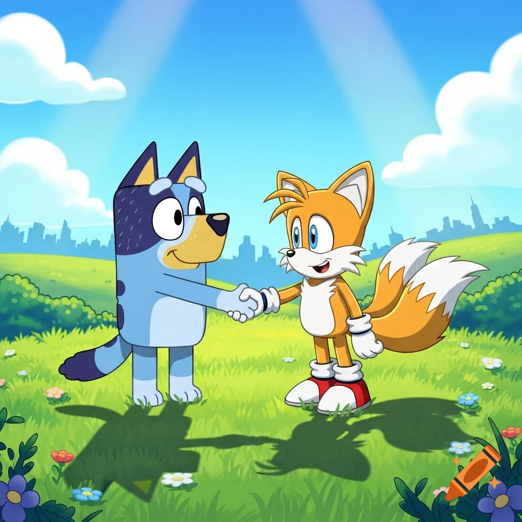 Bluey the blue dog and Tails the orange fox shaking hands in a bright green field with a city skyline in the background.