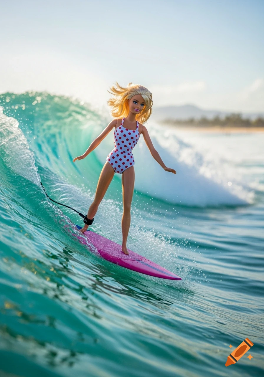 A photorealistic Barbie doll in a white and red polka dot swimsuit surfing a large teal ocean wave.