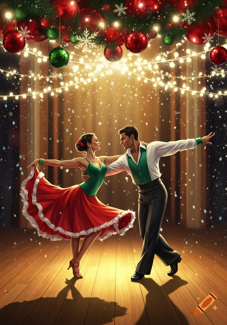 A couple dances in festive red and green attire under sparkling Christmas lights, ornaments, and falling snow.