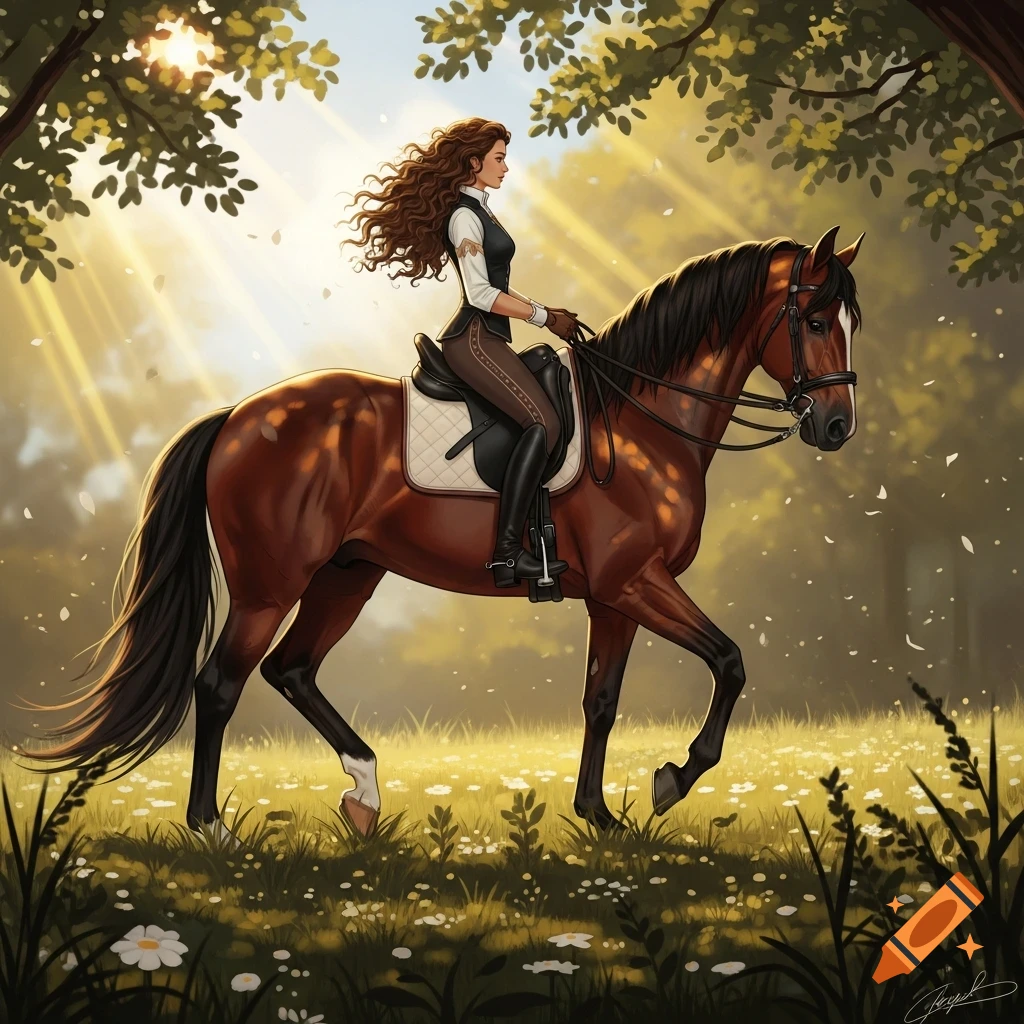 A woman with long curly brown hair rides a brown horse through a sun-dappled forest path with wildflowers in a painterly style.