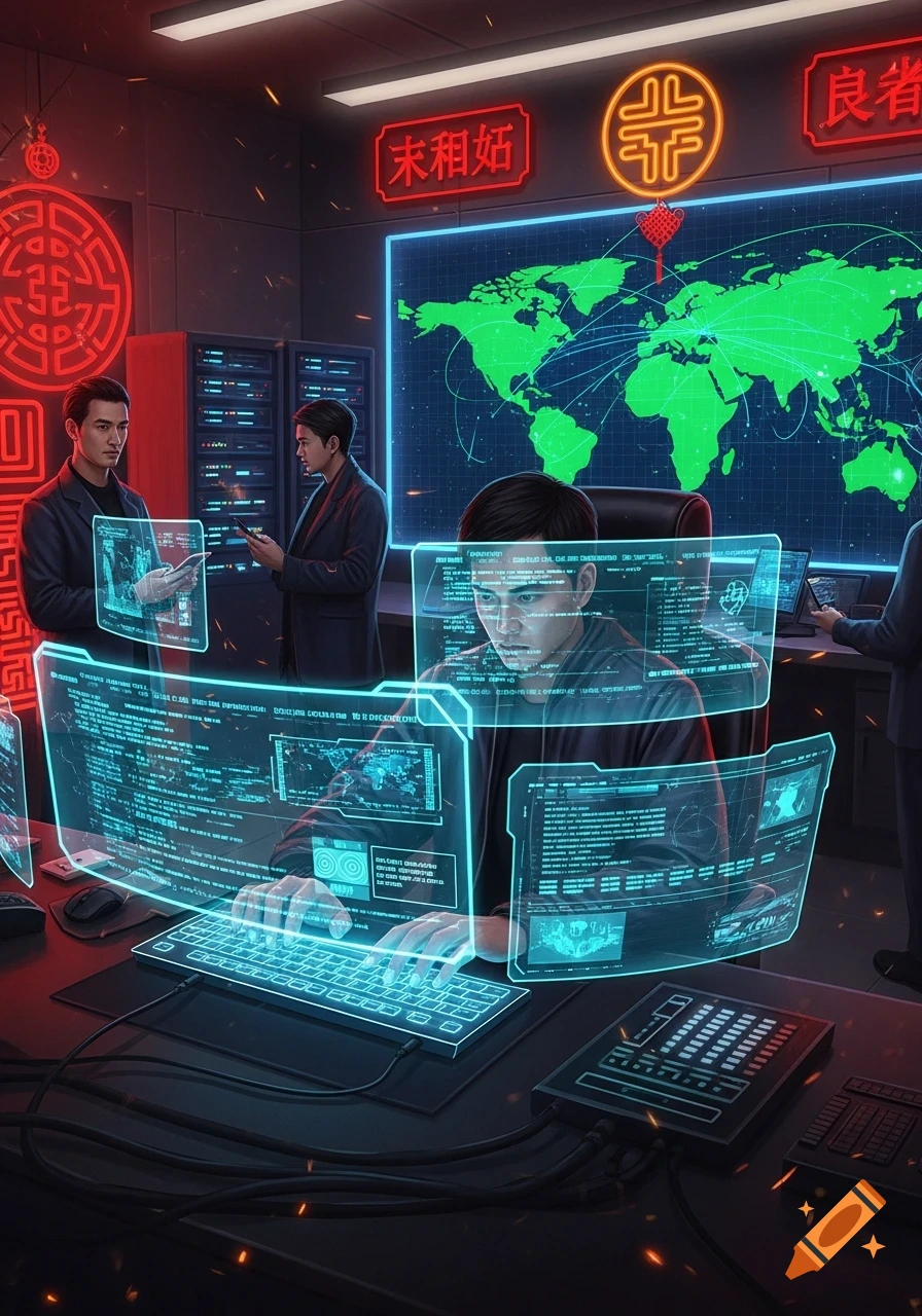 Men in a futuristic control room with glowing holographic screens displaying code and a world map. Red neon signs are on the walls.