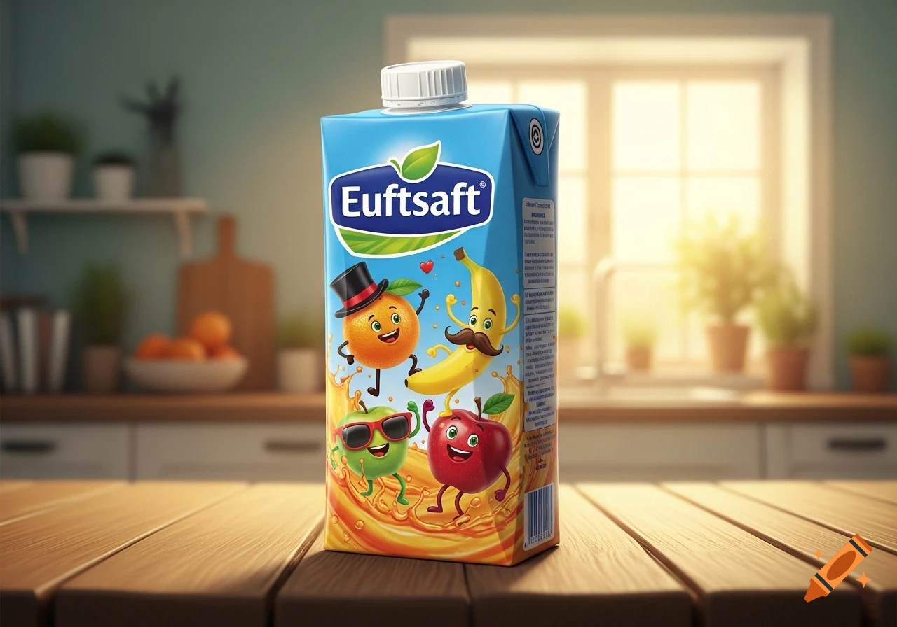 A colorful carton of Euftsaft juice with cartoon fruit characters on a wooden table in a sunlit kitchen.