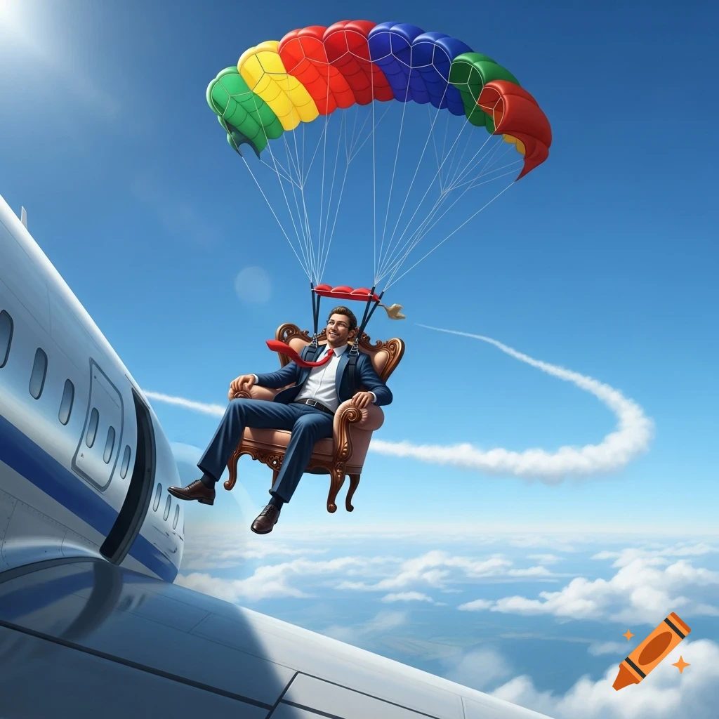 A man in a suit smiles while parachuting in an armchair from an airplane, high above the clouds in a clear blue sky.