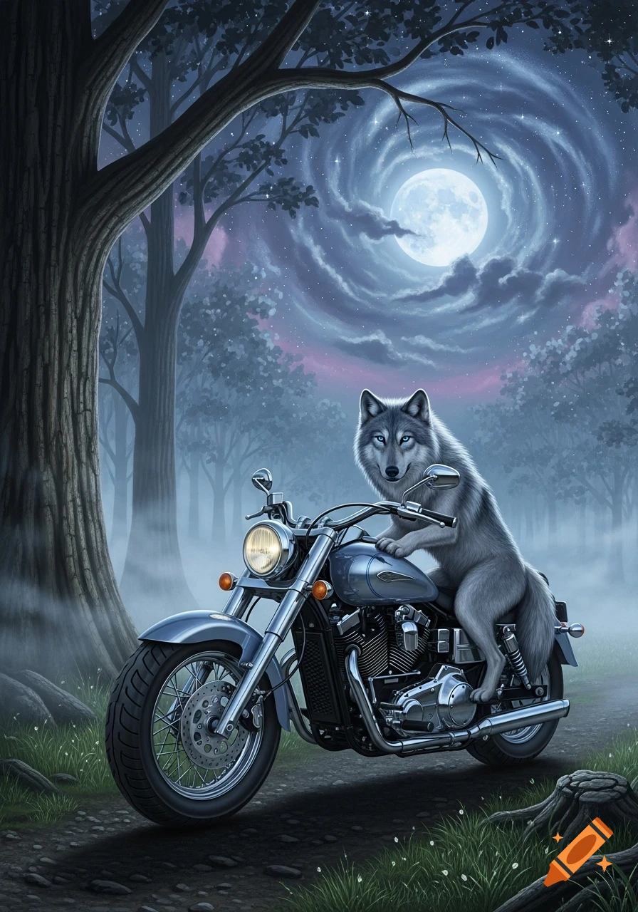 A grey wolf with blue eyes rides a motorcycle through a misty forest at night under a swirling full moon.