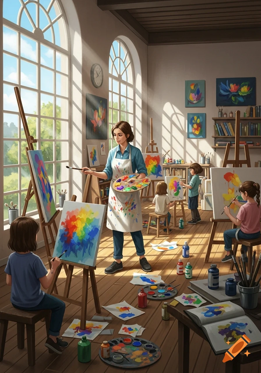 An art teacher and several children are painting on canvases in a bright studio with large windows, surrounded by art supplies.