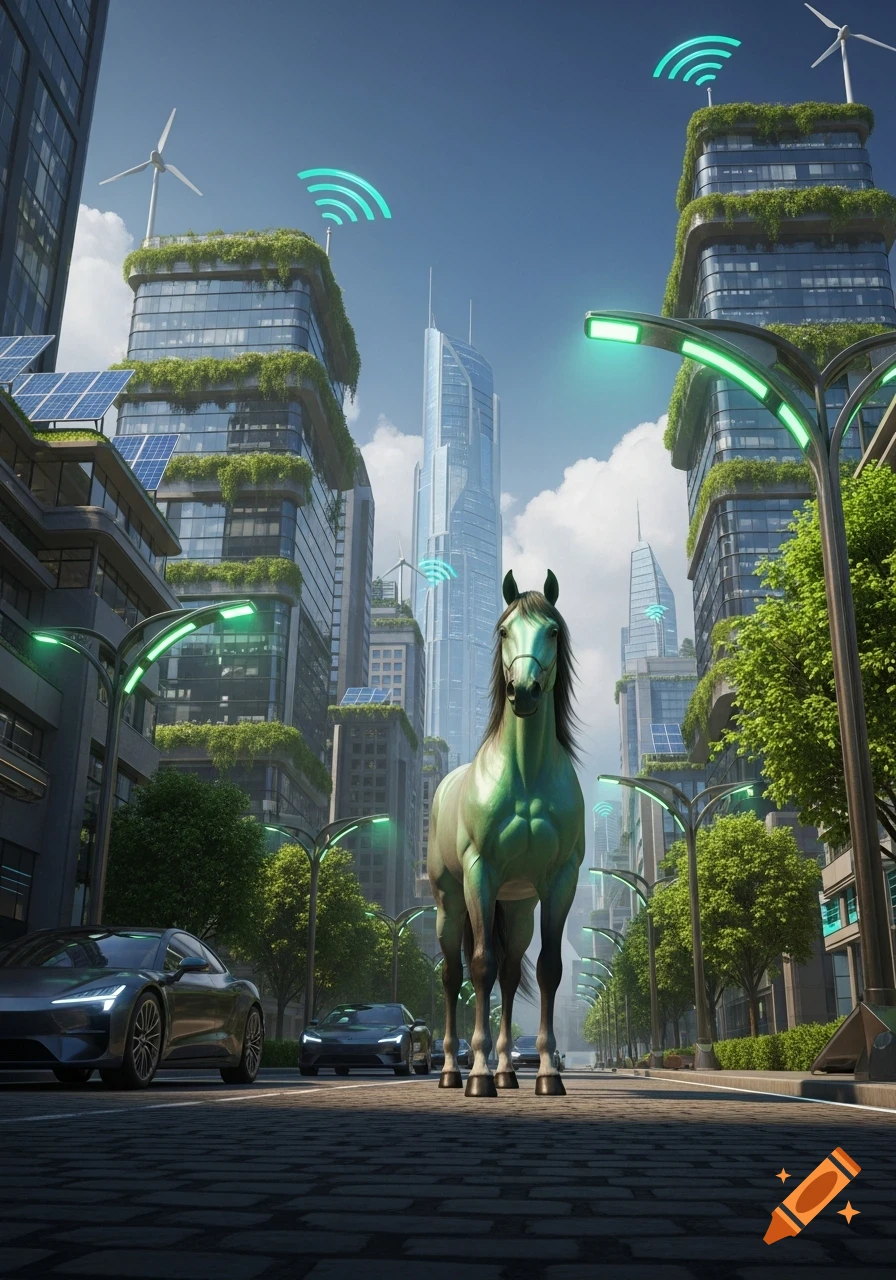 A green-tinged horse on a futuristic city street with eco-friendly buildings, solar panels, wind turbines, and modern cars.