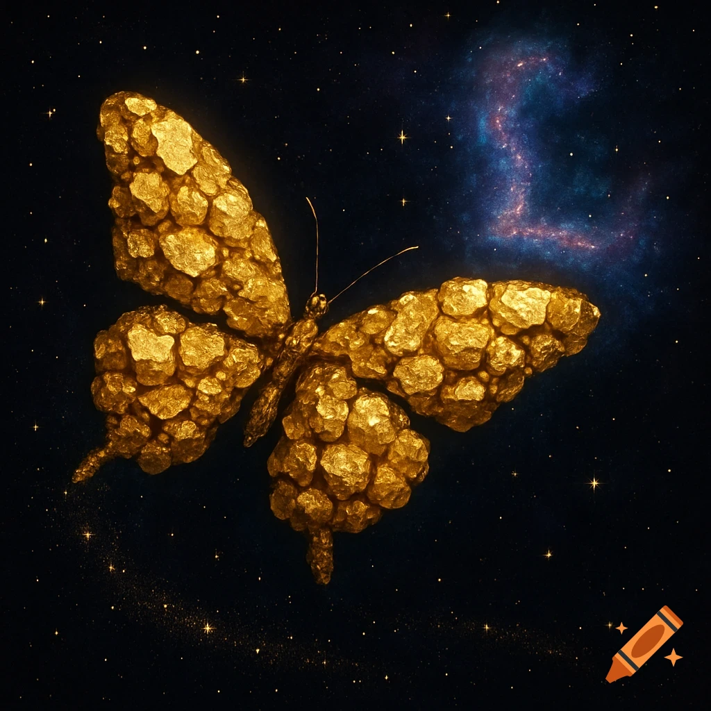 A golden butterfly made of shimmering gold nuggets floats in a dark starry cosmos with a pink and blue L-shaped nebula.