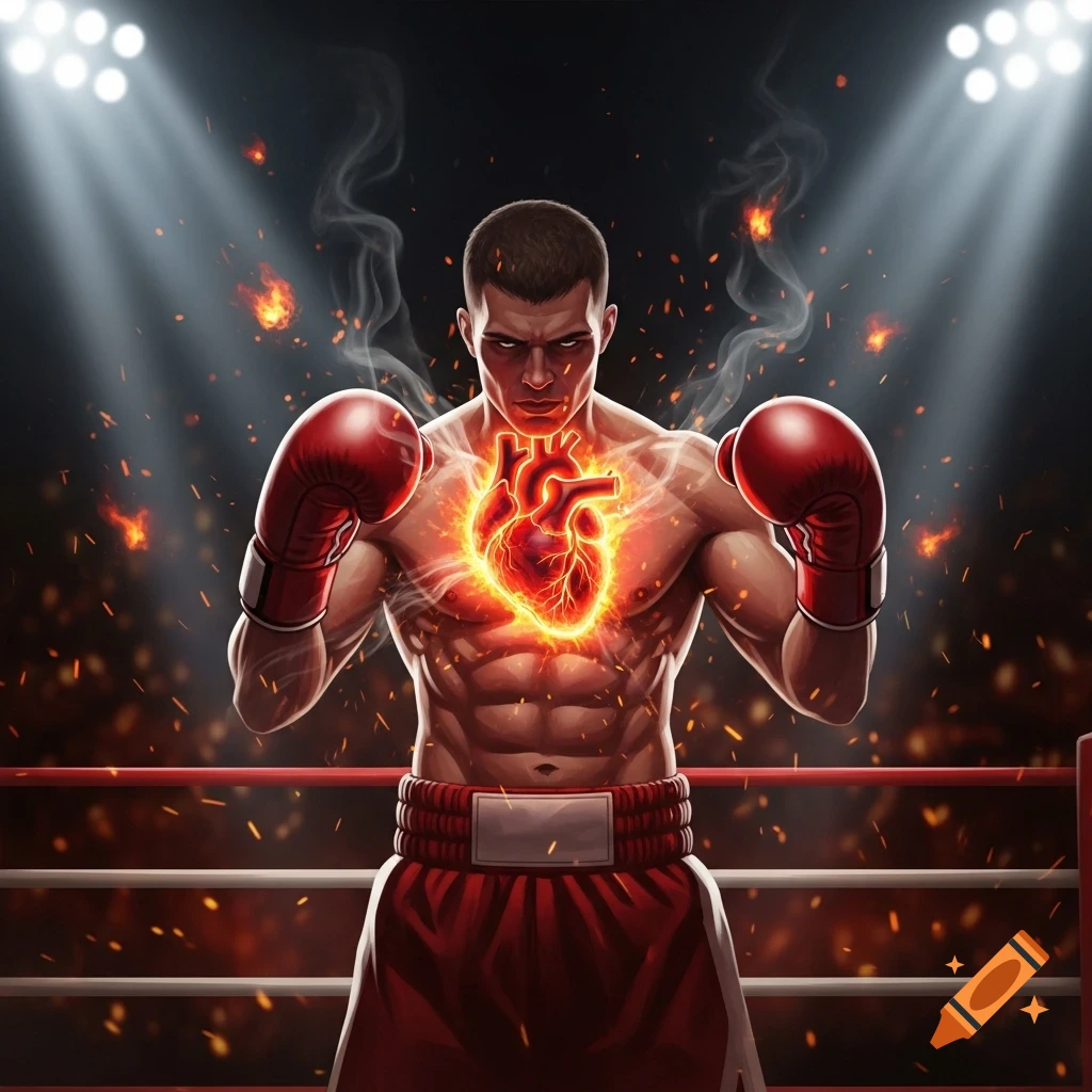Stylized illustration of a muscular boxer in a ring with a glowing fiery heart, spotlights, and embers.