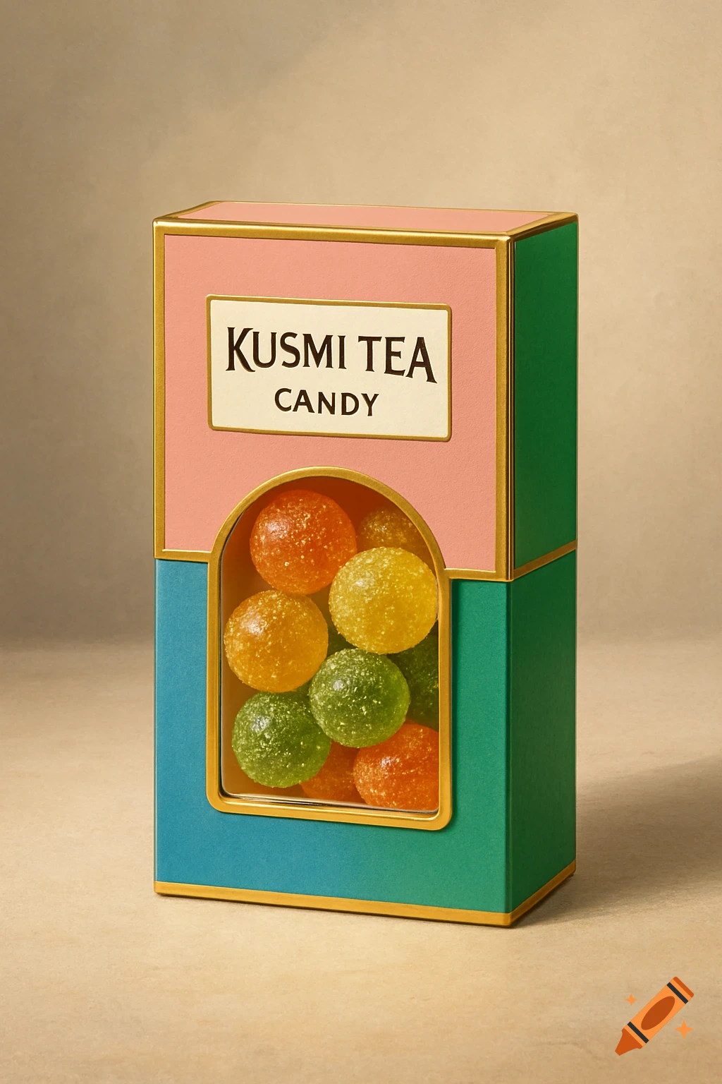 A pink and green box with gold trim, labeled 'KUSMI TEA CANDY', displaying colorful sugar-coated round candies.