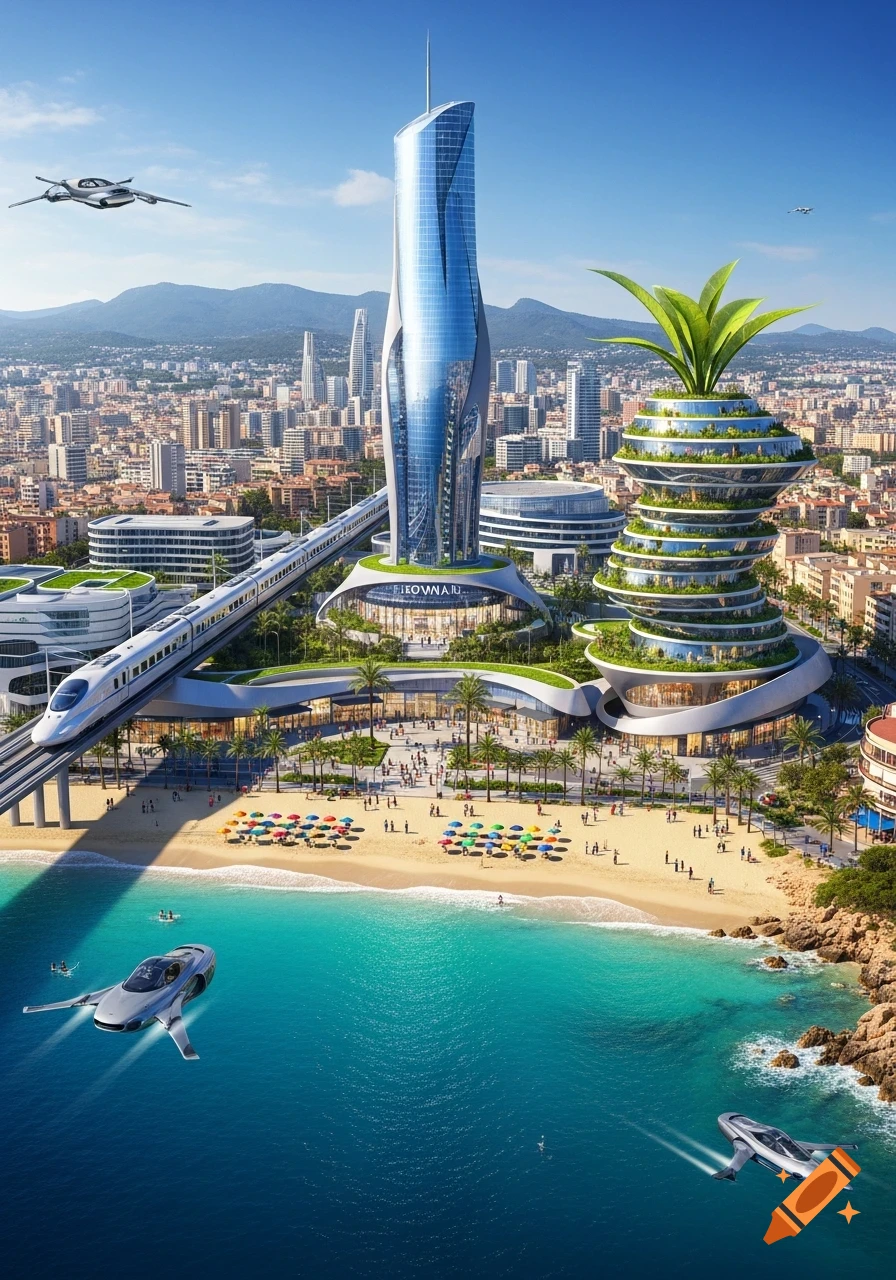A vibrant, futuristic city stretches along a beach with turquoise waters, featuring a tall cyber-tower, a plant-covered spiral building, an elevated train, and flying vehicles over the ocean.