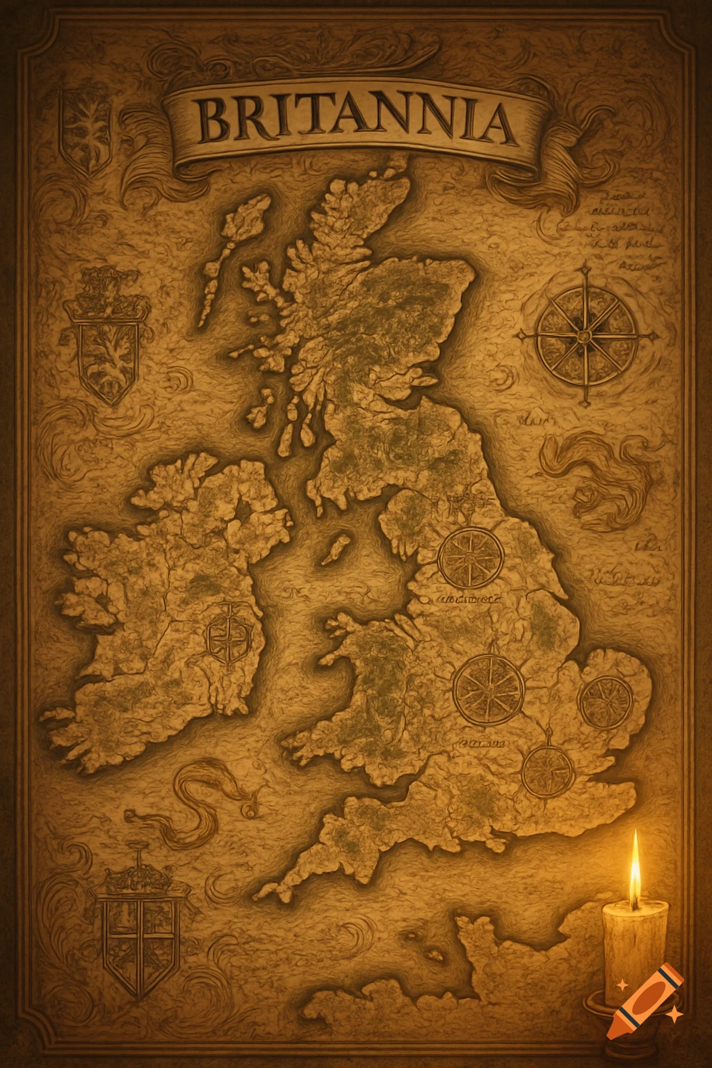 An antique-style map of Britannia (Great Britain and Ireland) with heraldic crests, compass roses, and a lit candle.
