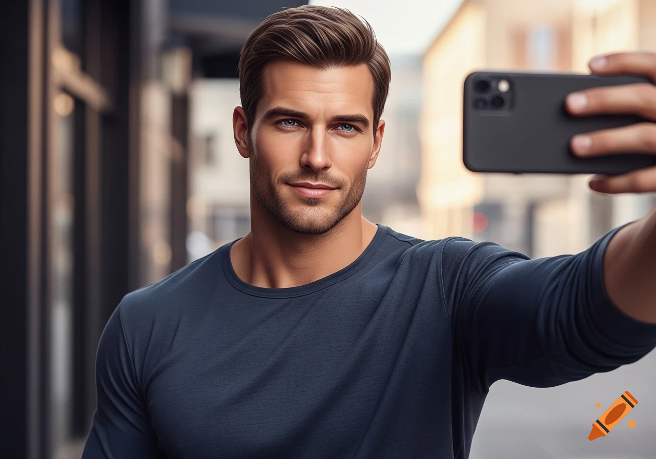 A photorealistic portrait of a handsome man with blue eyes and brown hair taking a selfie on a city street.