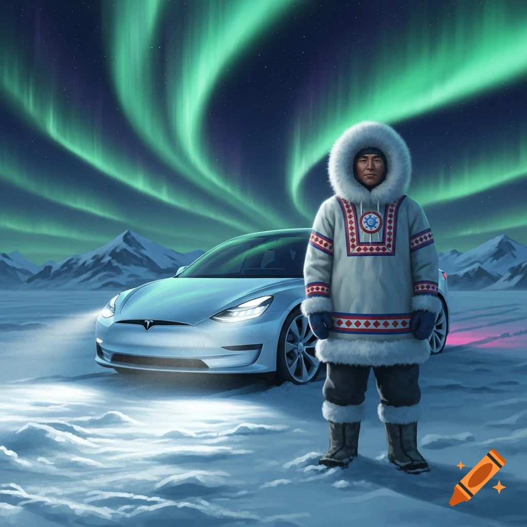 An Indigenous person in arctic clothing stands by a silver Tesla on a snowy plain under green Northern Lights with mountains, illustrated.