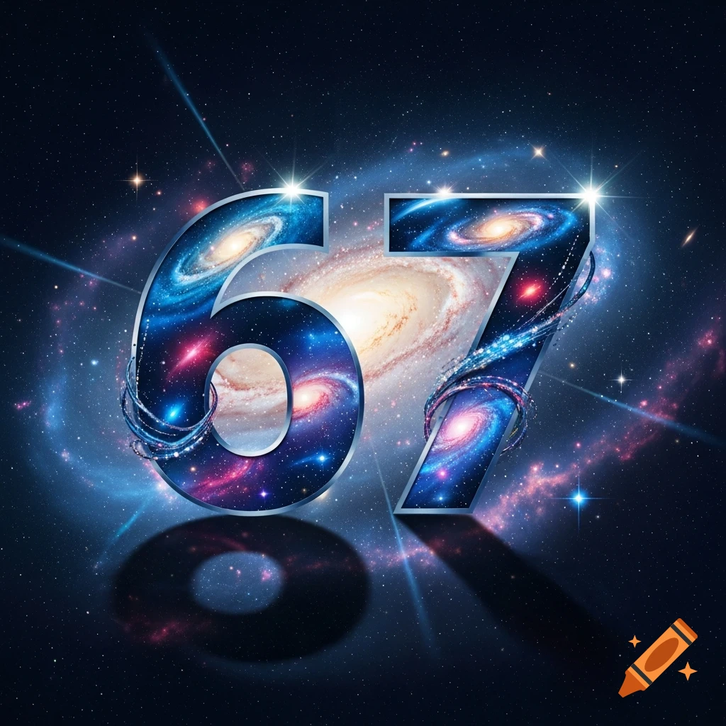 Metallic numbers '67' filled with galaxies and stars, reflecting light against a cosmic background.