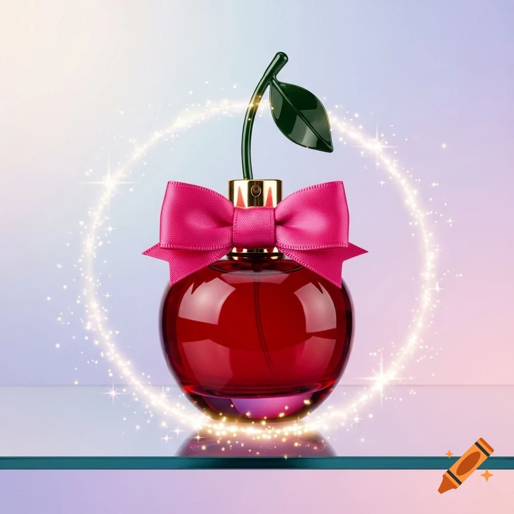 A red cherry-shaped perfume bottle with a pink bow and a green leaf cap, standing on a reflective surface, surrounded by glowing sparkles.