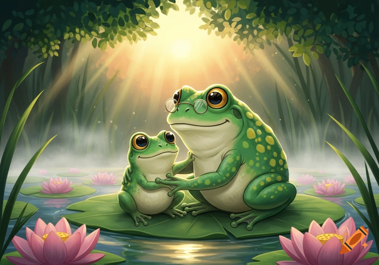 A cute cartoon grandmother frog wearing glasses and a granddaughter frog hold hands on a lily pad in a sunlit pond with pink water lilies.