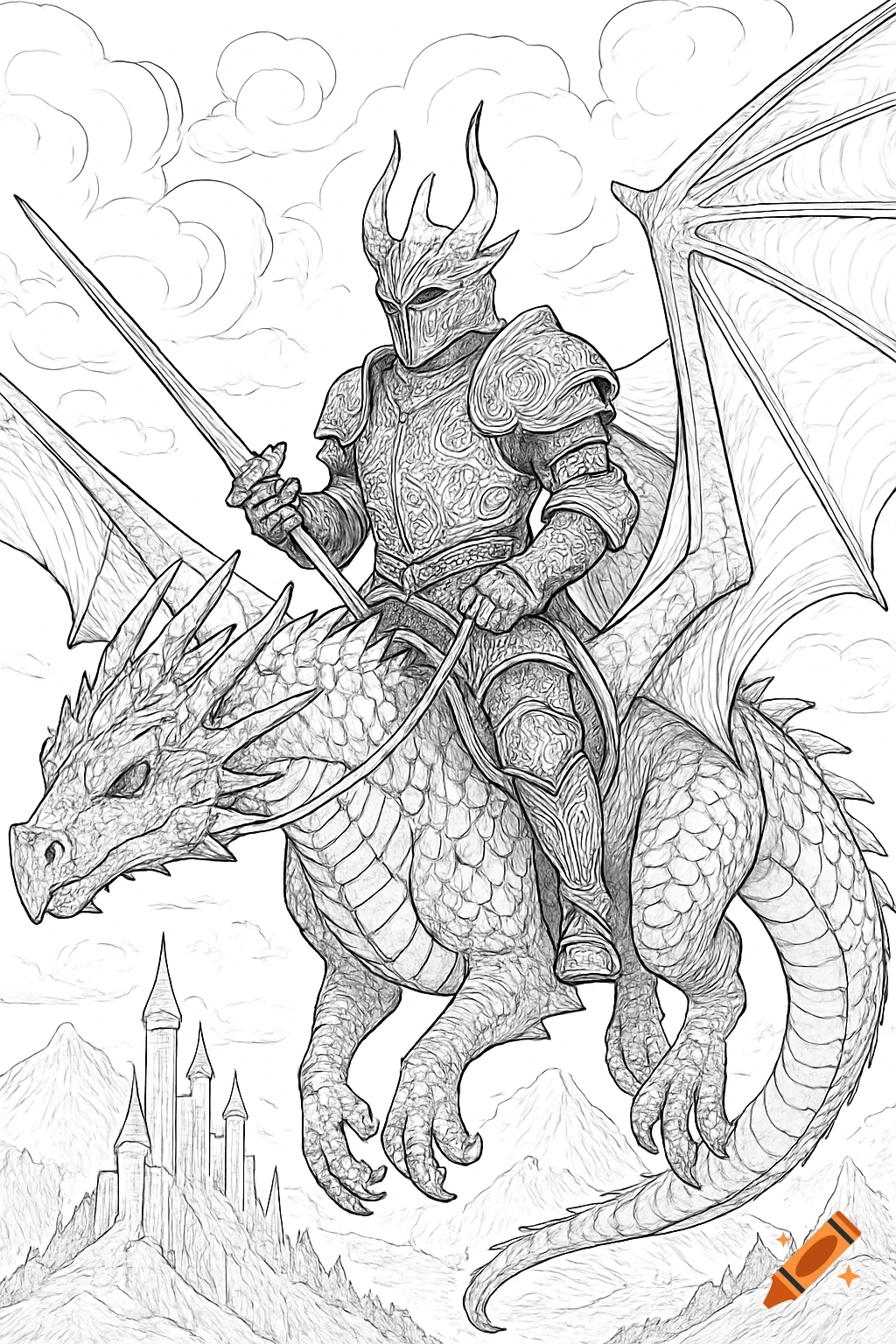 Line art of a knight in ornate armor riding a large winged dragon over a mountain landscape with a castle.