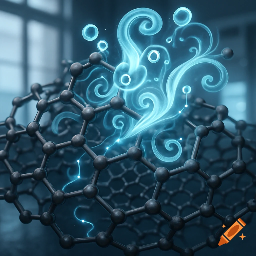 A dark carbon molecular lattice emitting vibrant blue glowing smoke, bubbles, and energy streams in a scientific context.