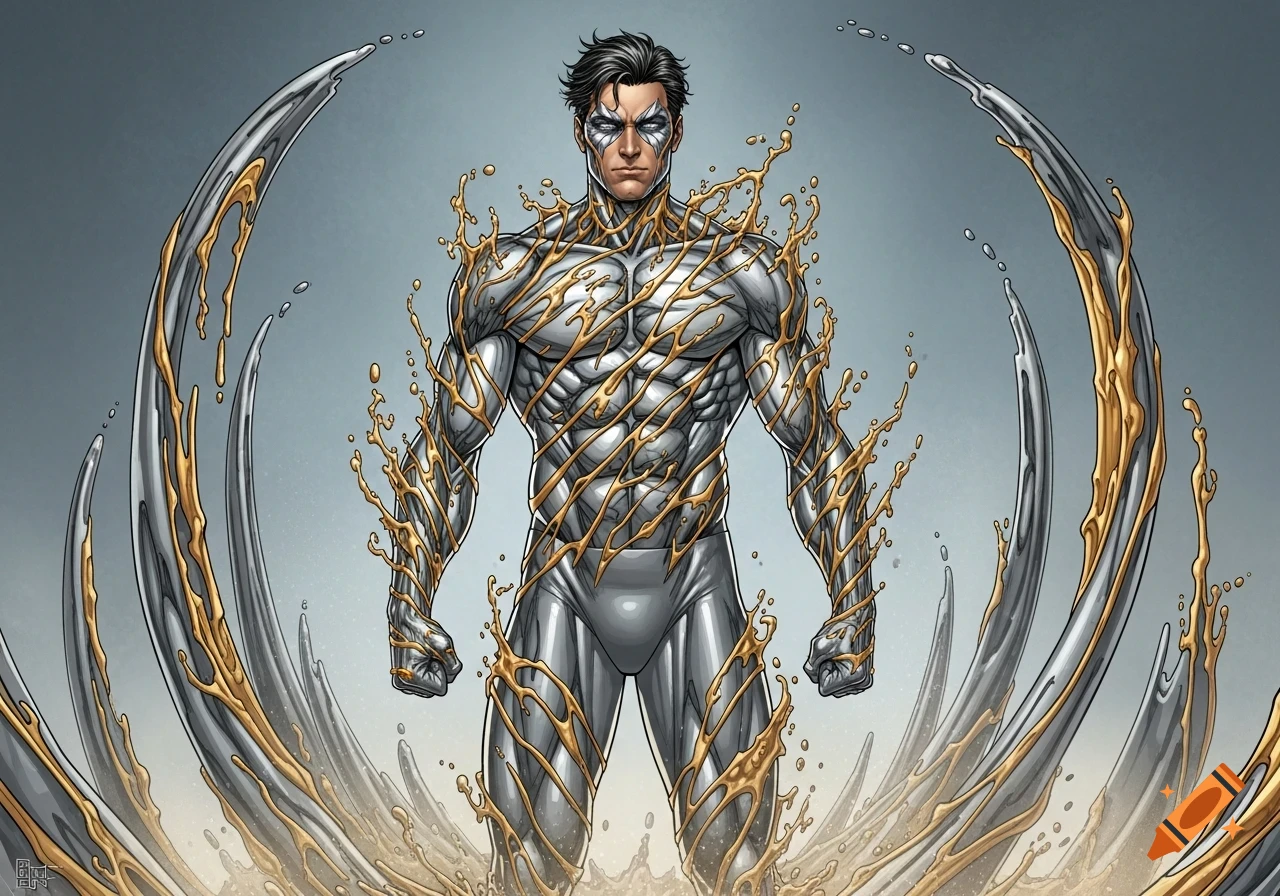 A muscular male superhero in a silver suit stands confidently, gold liquid swirling around his body and behind him in a comic book art style.