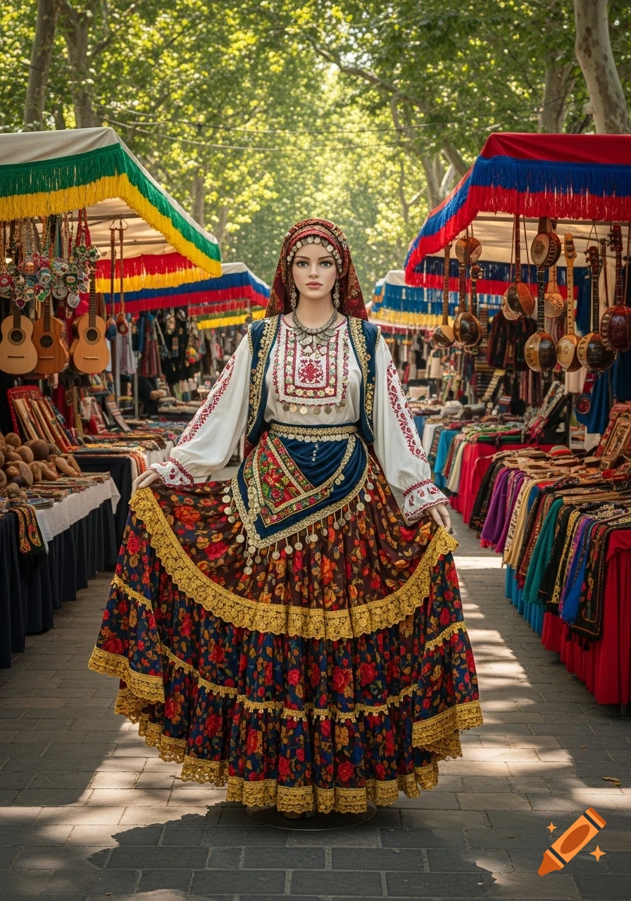 A mannequin dressed in colorful, ornate Romani traditional clothing stands in a bustling outdoor market with many stalls.