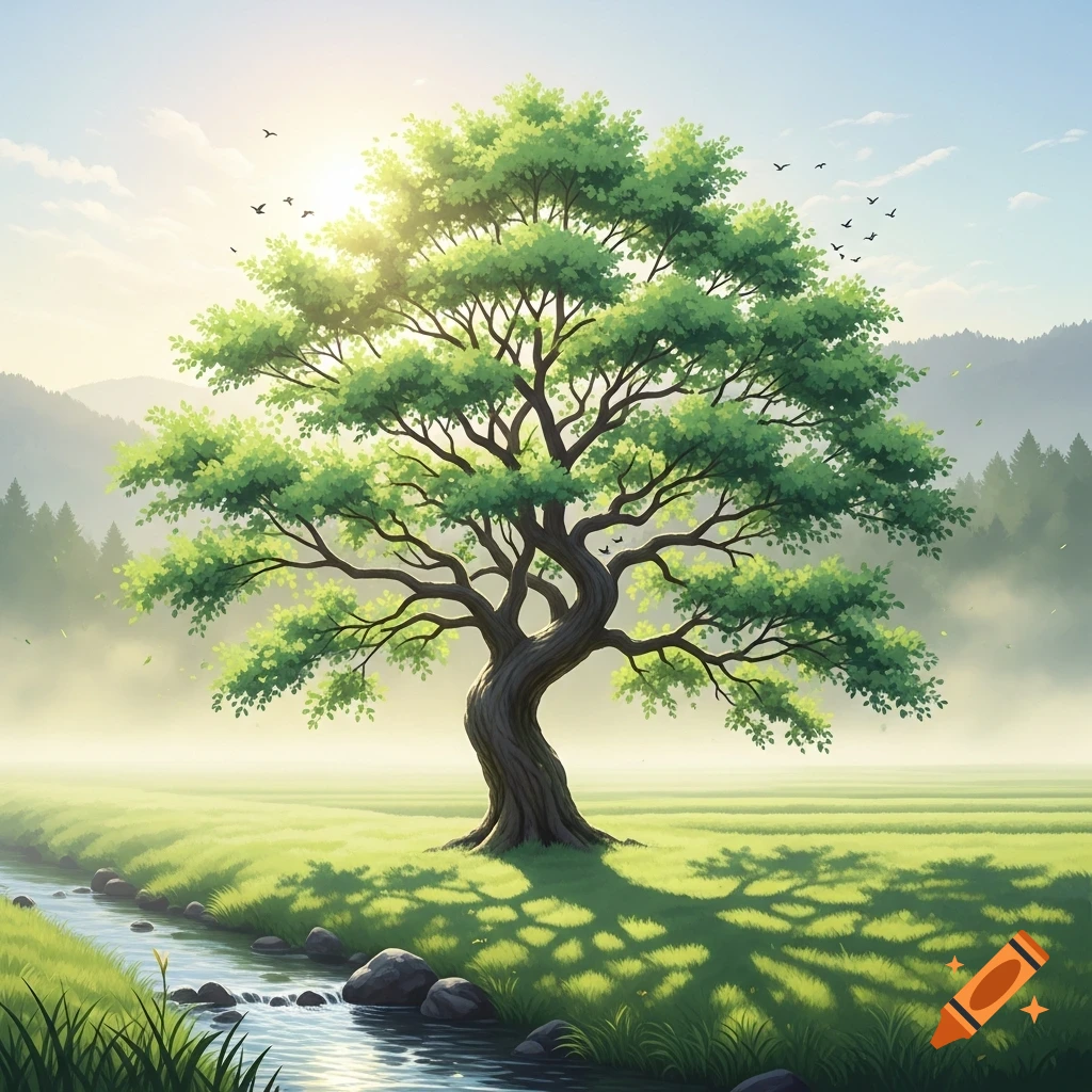 A vibrant green tree stands in a sunny grassy field with a flowing stream, mountains in the misty background.