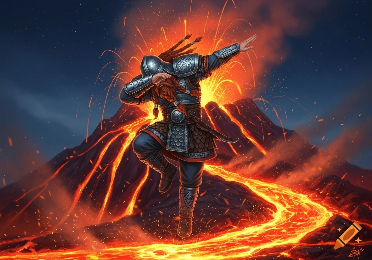 A fierce Viking-like warrior in armor dabs on a volcanic landscape with flowing lava and fiery explosions.