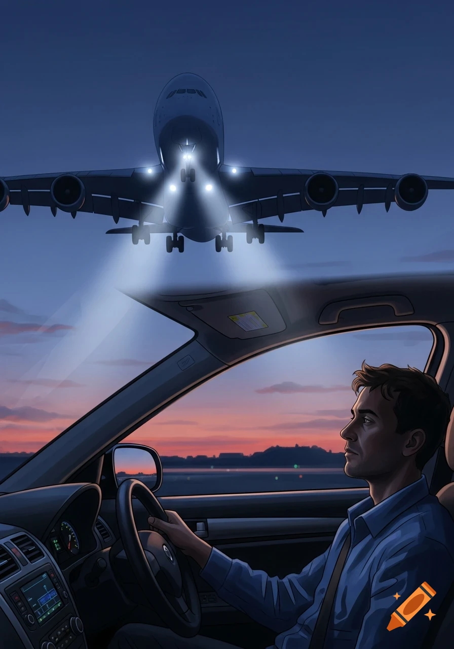 Digital illustration of a tired man in a car at dusk, watching a large Airbus A380 airplane with landing lights approach in the background.