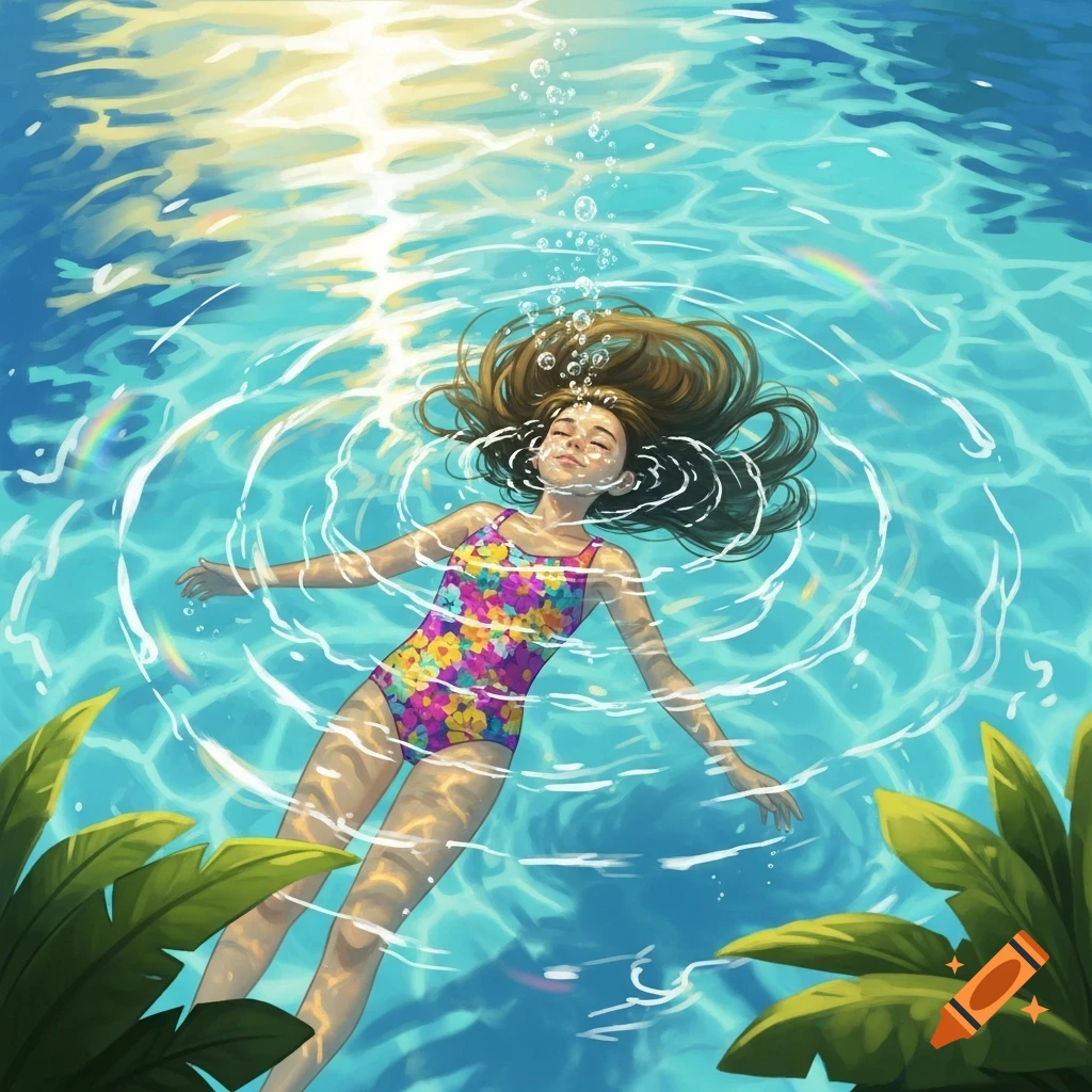 Illustration of a girl floating on her back in a vibrant blue pool, sunlight dappling the water with reflections, tropical leaves frame the scene.