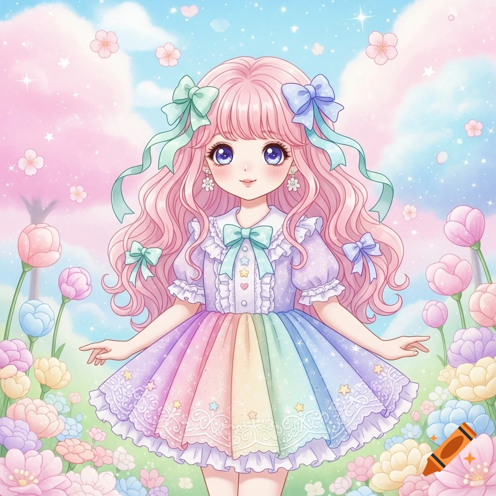 A cute kawaii anime girl with pink hair and a rainbow pastel dress stands in a field of colorful flowers under a cloudy sky.