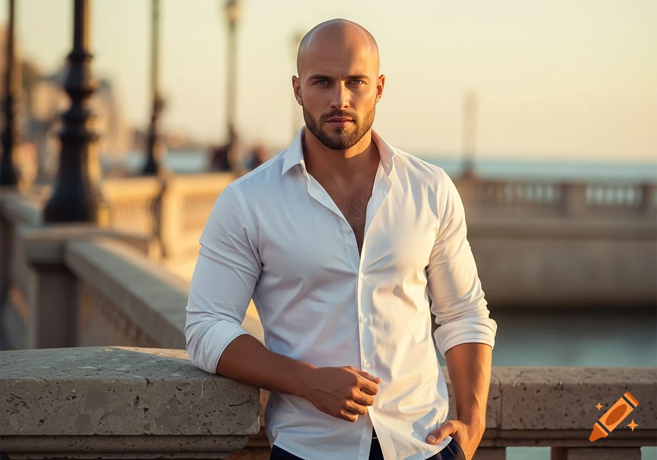 A bald man with a beard wearing an open white shirt, leaning on a stone railing outdoors at sunset.