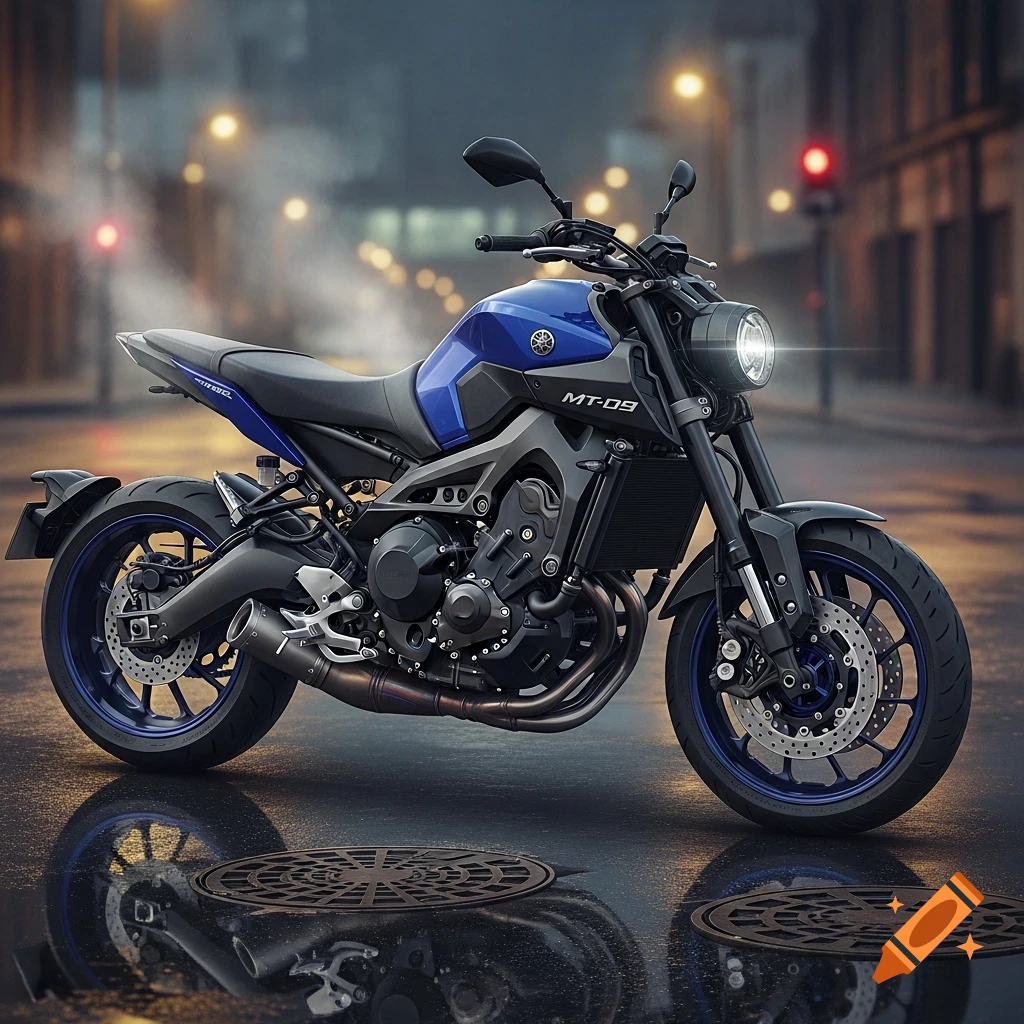 A blue and black Yamaha MT-09 motorcycle parked on a wet city street at night, with streetlights and reflections.
