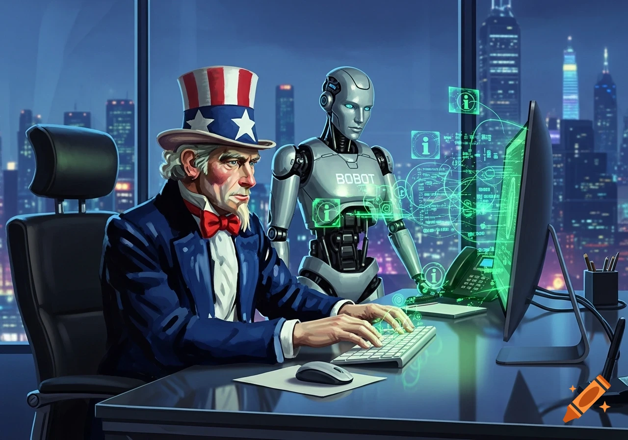 Uncle Sam works at a computer, typing on a keyboard, with a robot labeled "BOBOT" standing behind him in an office overlooking a city at night. The computer screen shows green holographic data.