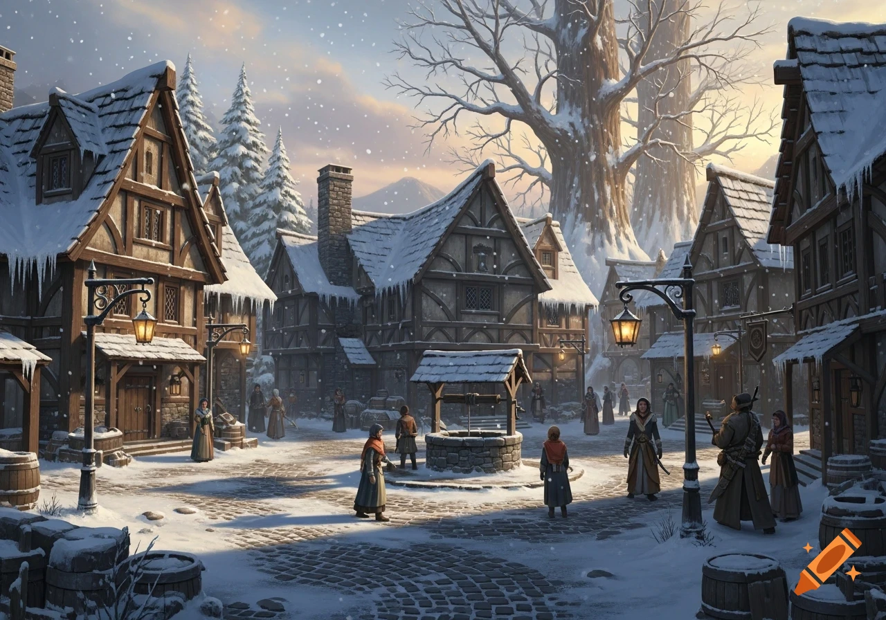 Concept art of a bustling snowy medieval town square with timber-frame houses, lampposts, a well, and villagers walking.