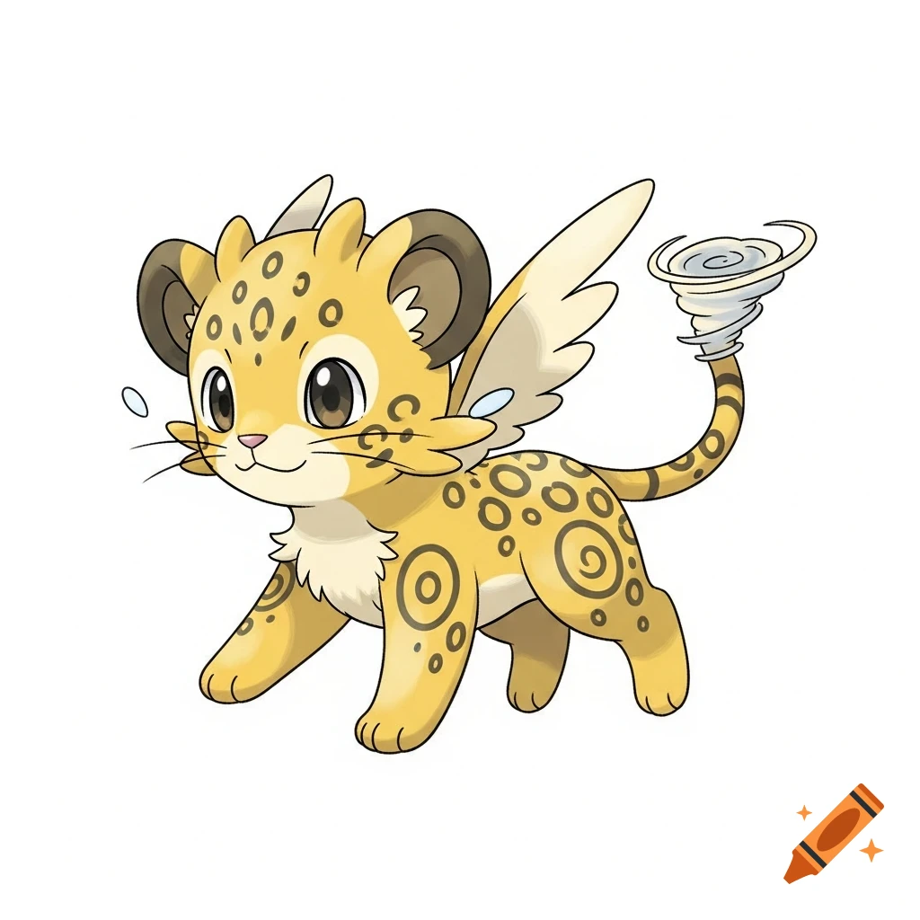 A cute, golden, stylized leopard cub Pokémon creature with small wings and a tail ending in a mini tornado, on a white background.