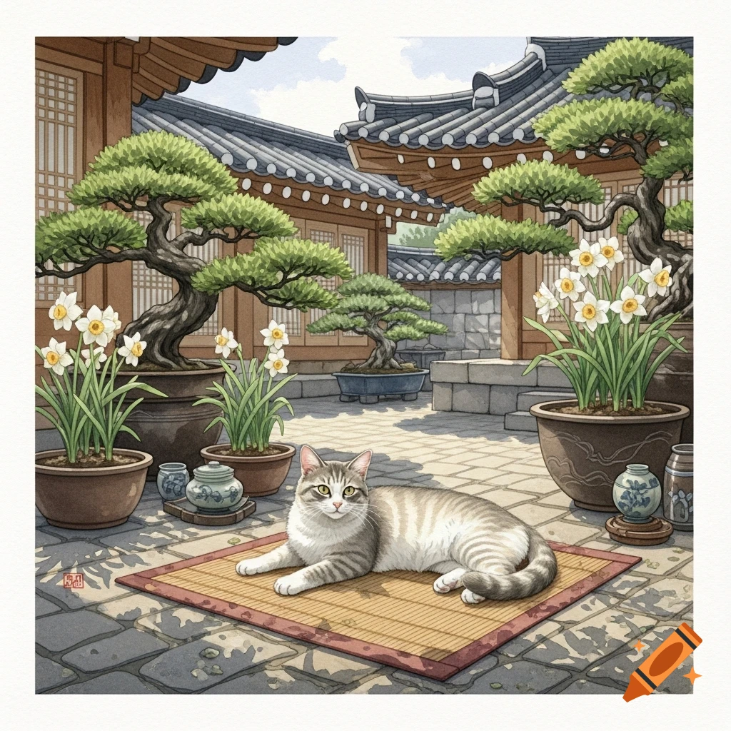 A tabby cat rests on a woven mat in a traditional Korean courtyard, surrounded by potted daffodils, bonsai trees, and classic wooden buildings. Illustrated.