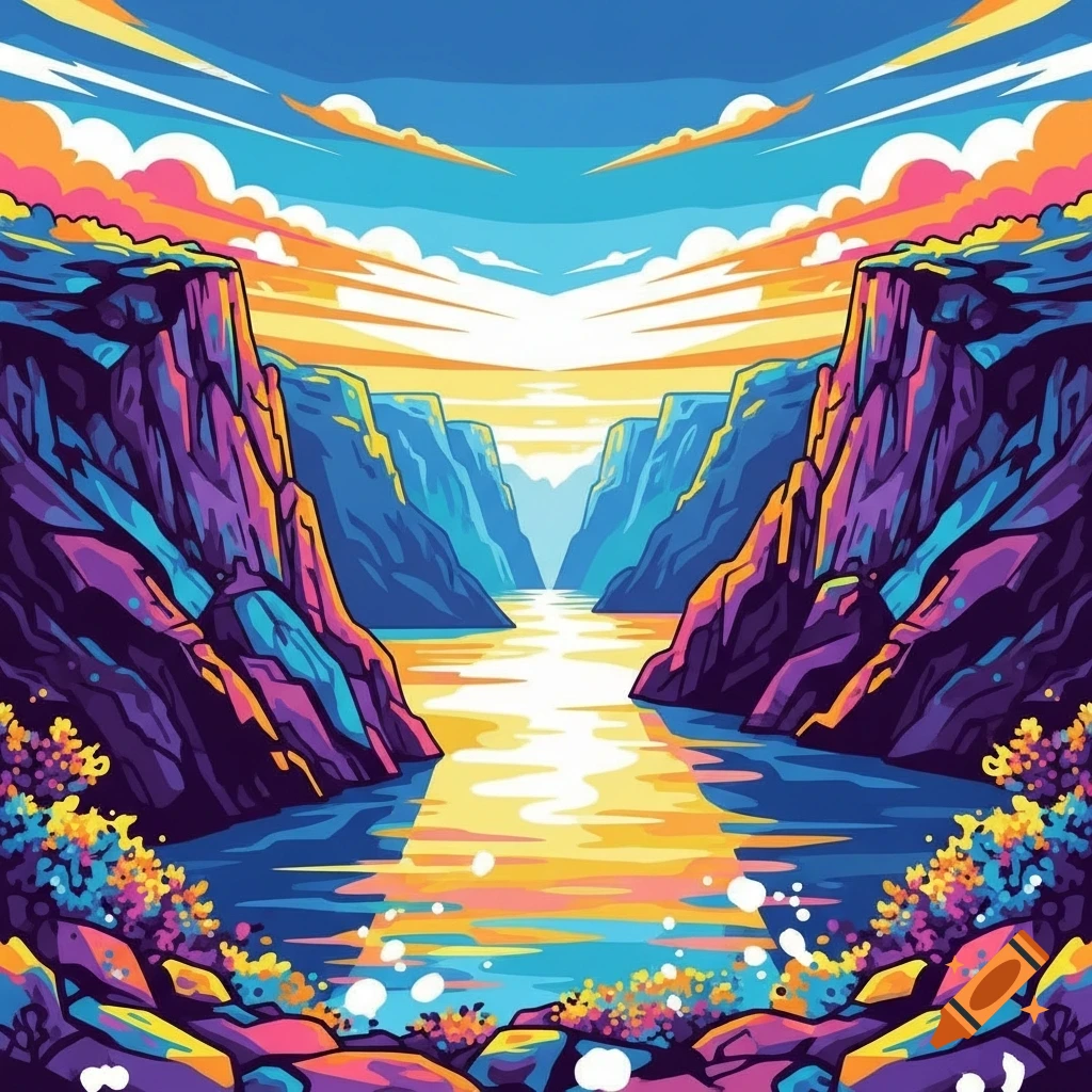 Vibrant pop art landscape of a fjord between towering cliffs, reflecting a colorful sunset sky.