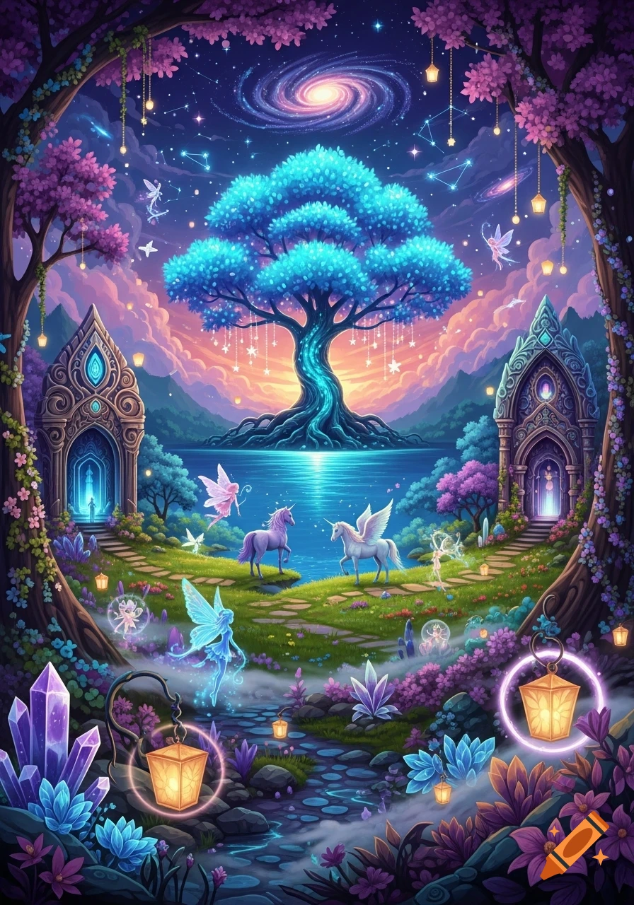 A vibrant magical fantasy landscape with a glowing blue tree, lake, ethereal castles, unicorns, fairies, and a galaxy sky.