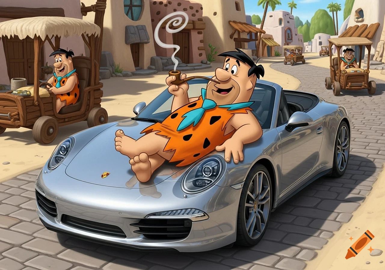 Cartoon Fred Flintstone lounges on a silver Porsche, smoking a pipe, on a street with other Flintstone characters in their traditional cars.