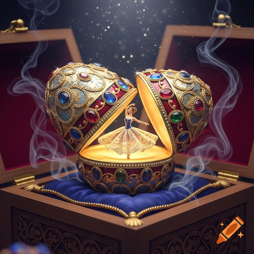 A jeweled egg, reminiscent of a Faberge egg, opens to reveal a graceful ballerina figurine, set in a velvet-lined wooden box with mystical smoke.