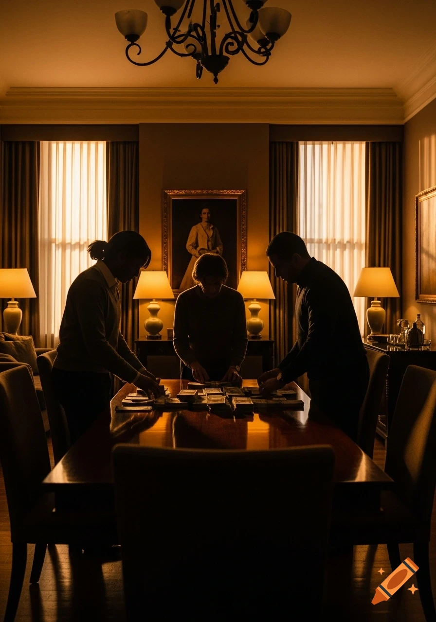 Three adults in silhouette count stacks of cash on a polished table in a dimly lit, luxurious room with a chandelier.