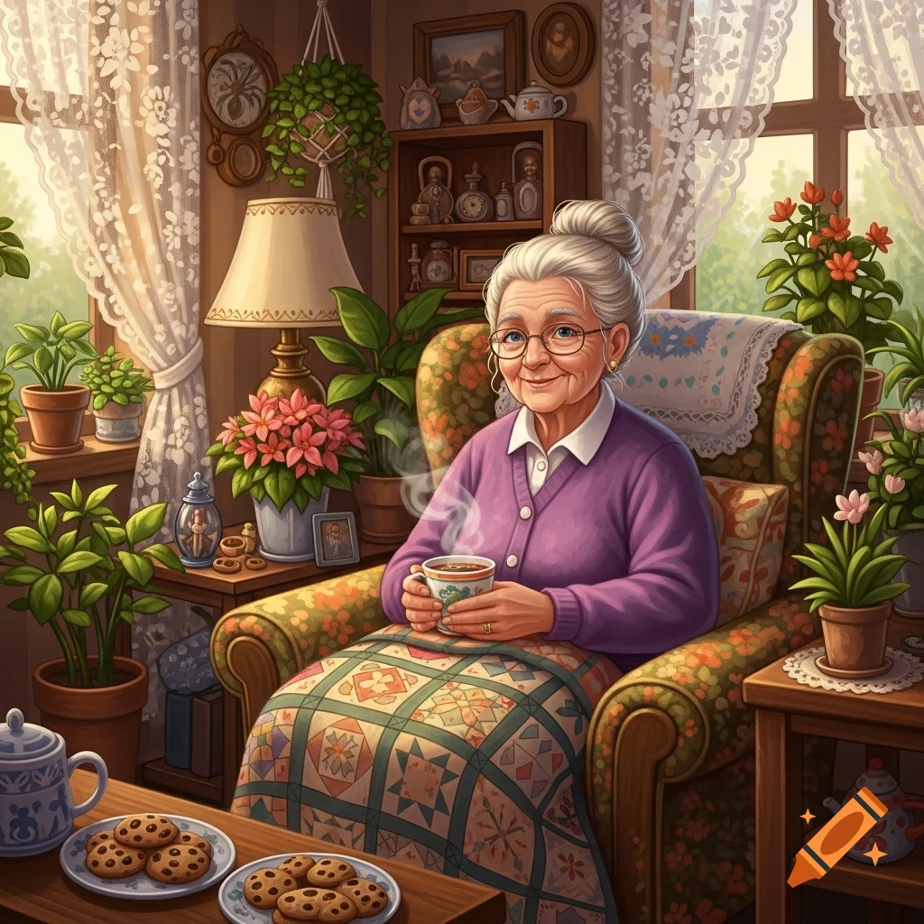 Elderly woman with glasses sits in a floral armchair, drinking tea under a quilt in a cozy room with houseplants and cookies.