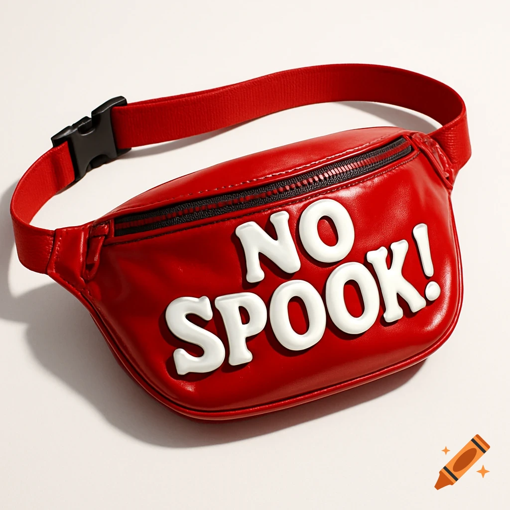 A vibrant red fanny pack featuring the bold white text 'NO SPOOK!' across its front, with a black zipper and buckle.
