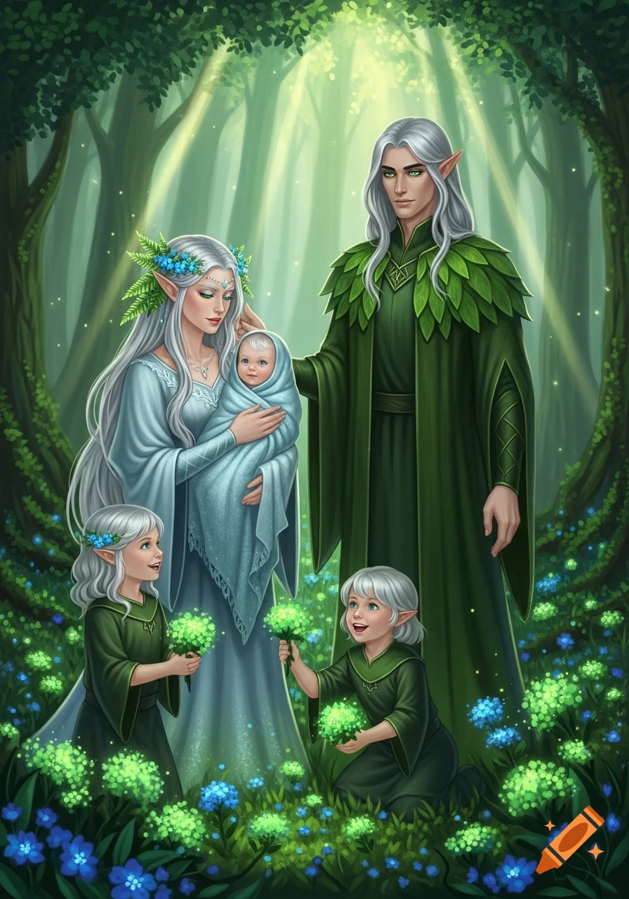 An elf family in a magical forest, mother holding a baby, father standing beside, and two children playing with glowing green and blue flowers.